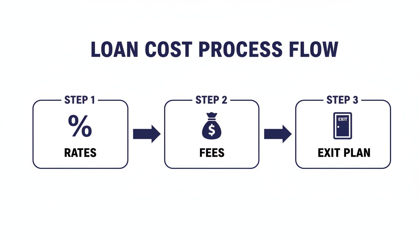 A loan cost process flow diagram illustrating three steps: rates, fees, and an exit plan.