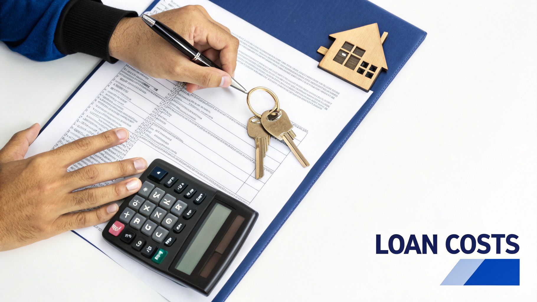 Hands calculating loan costs for a house with a calculator, pen, keys, and a document.