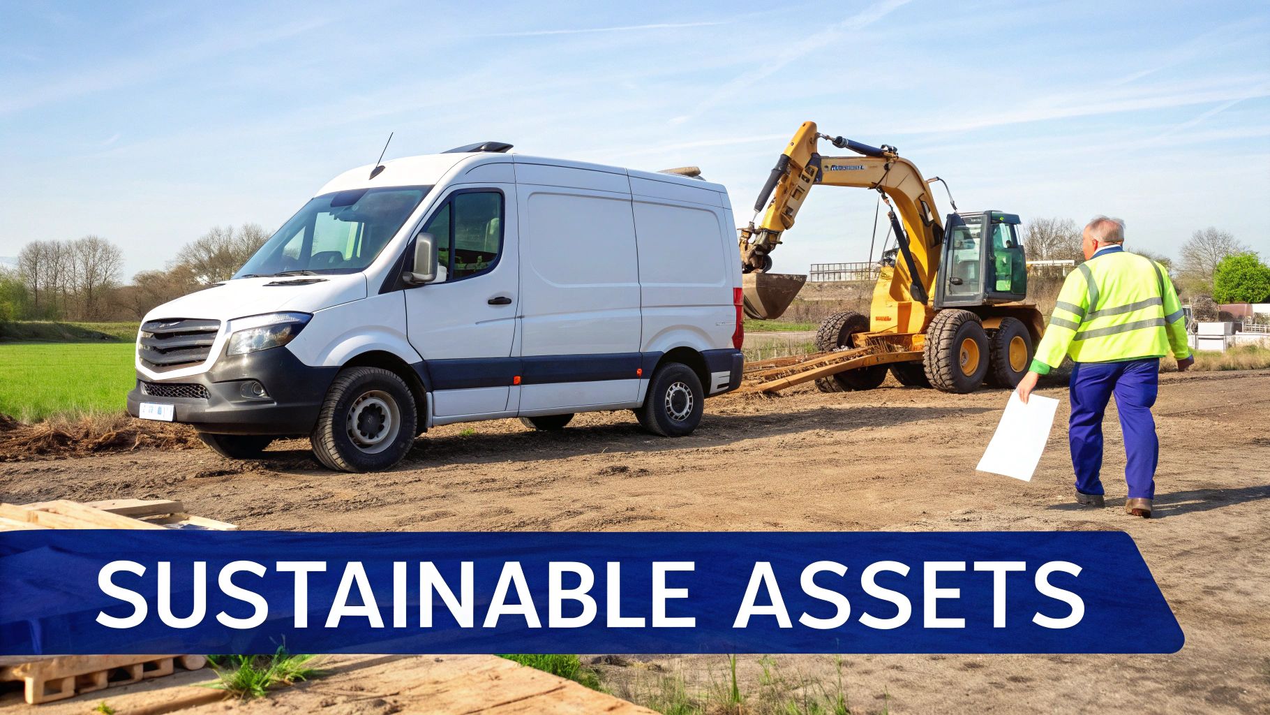 A white delivery van, a yellow excavator, and a construction worker on a dirt road at a site.