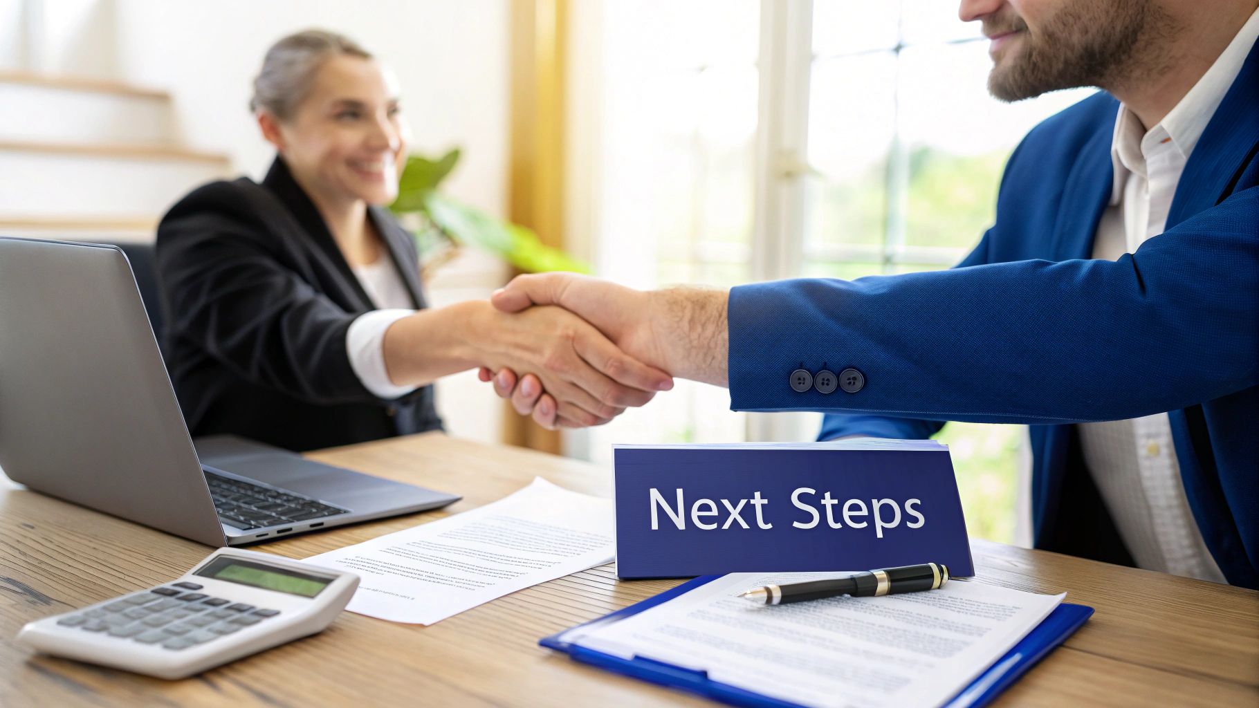 Two business professionals shaking hands across a table, with a 'Next Steps' sign and documents.