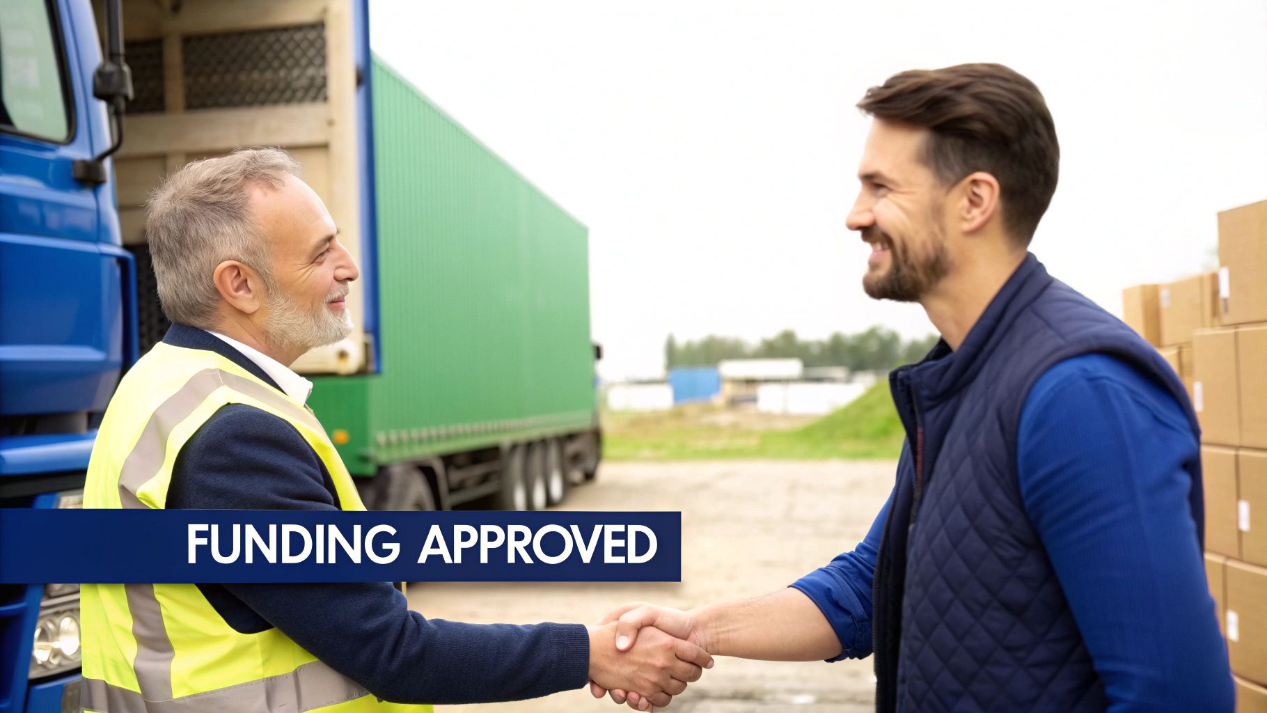 Two smiling men, one in a hi-vis vest, shake hands in front of trucks, signifying a business agreement.