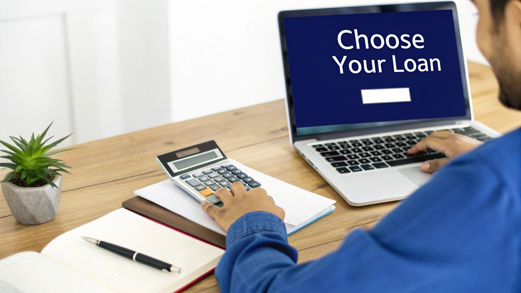 A person uses a calculator and laptop displaying 'Choose Your Loan' on a wooden desk.