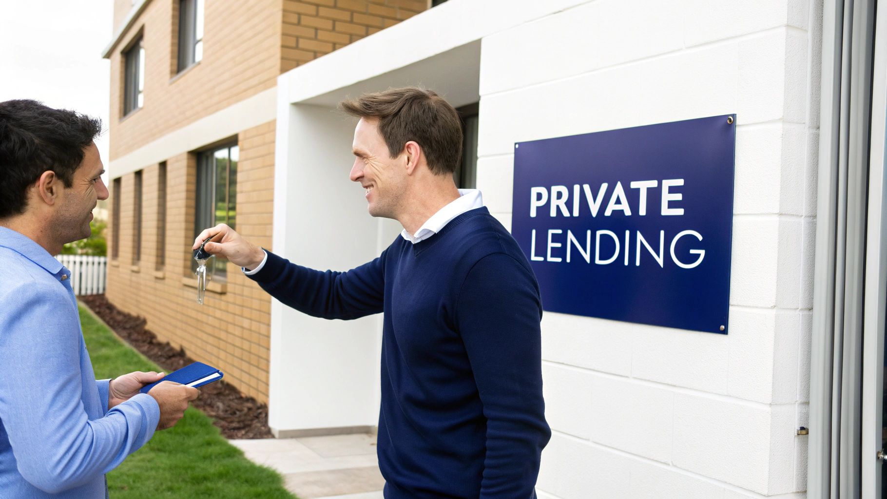 Two men exchanging keys outside a building with a 'Private Lending' sign, symbolizing a property deal.