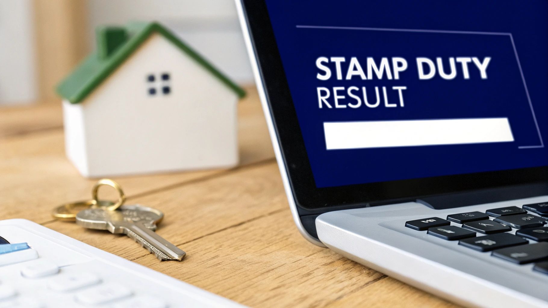 A laptop screen displaying 'STAMP DUTY RESULT' with a miniature house, keys, and calculator for property finance.