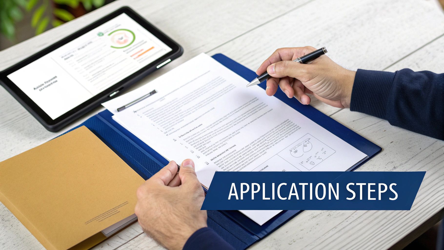 A person's hands filling out an application form with a pen, next to a tablet showing steps and a brown folder.