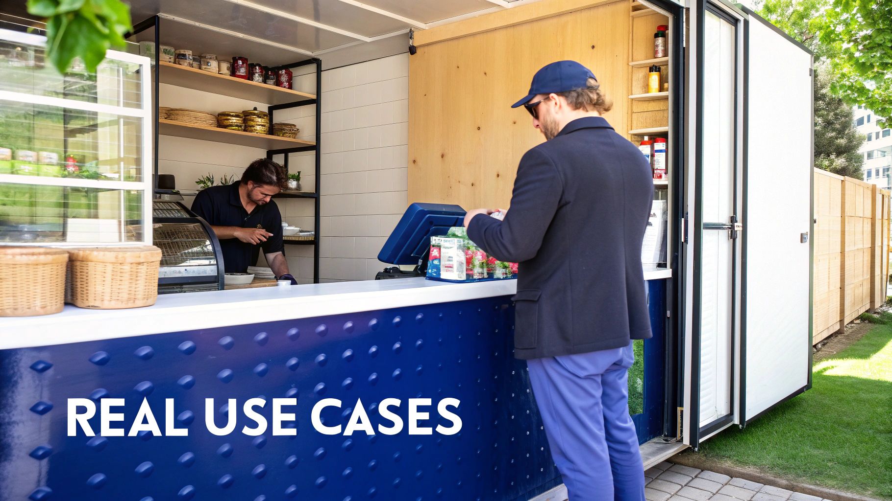 A man is purchasing items from a mobile food stand with a vendor serving inside.