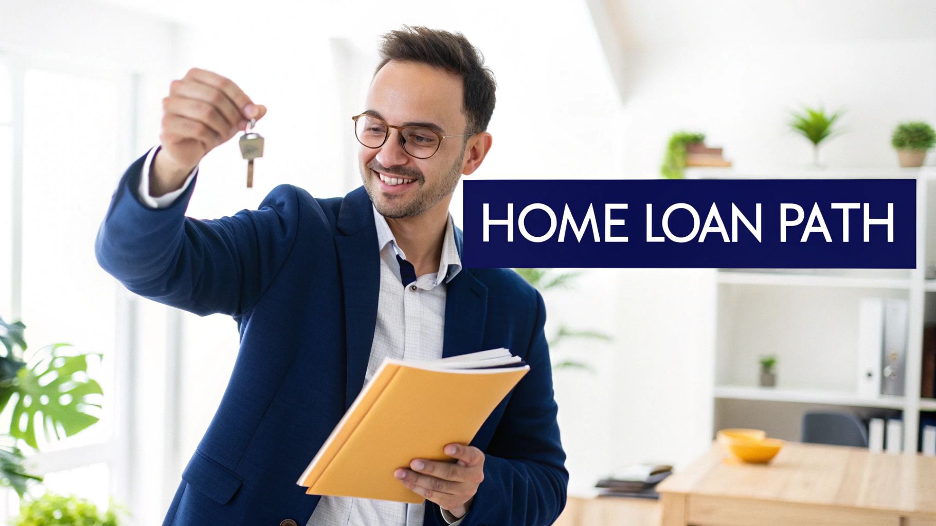 A smiling man in a suit holds up house keys and a folder, with 'HOME LOAN PATH' text.