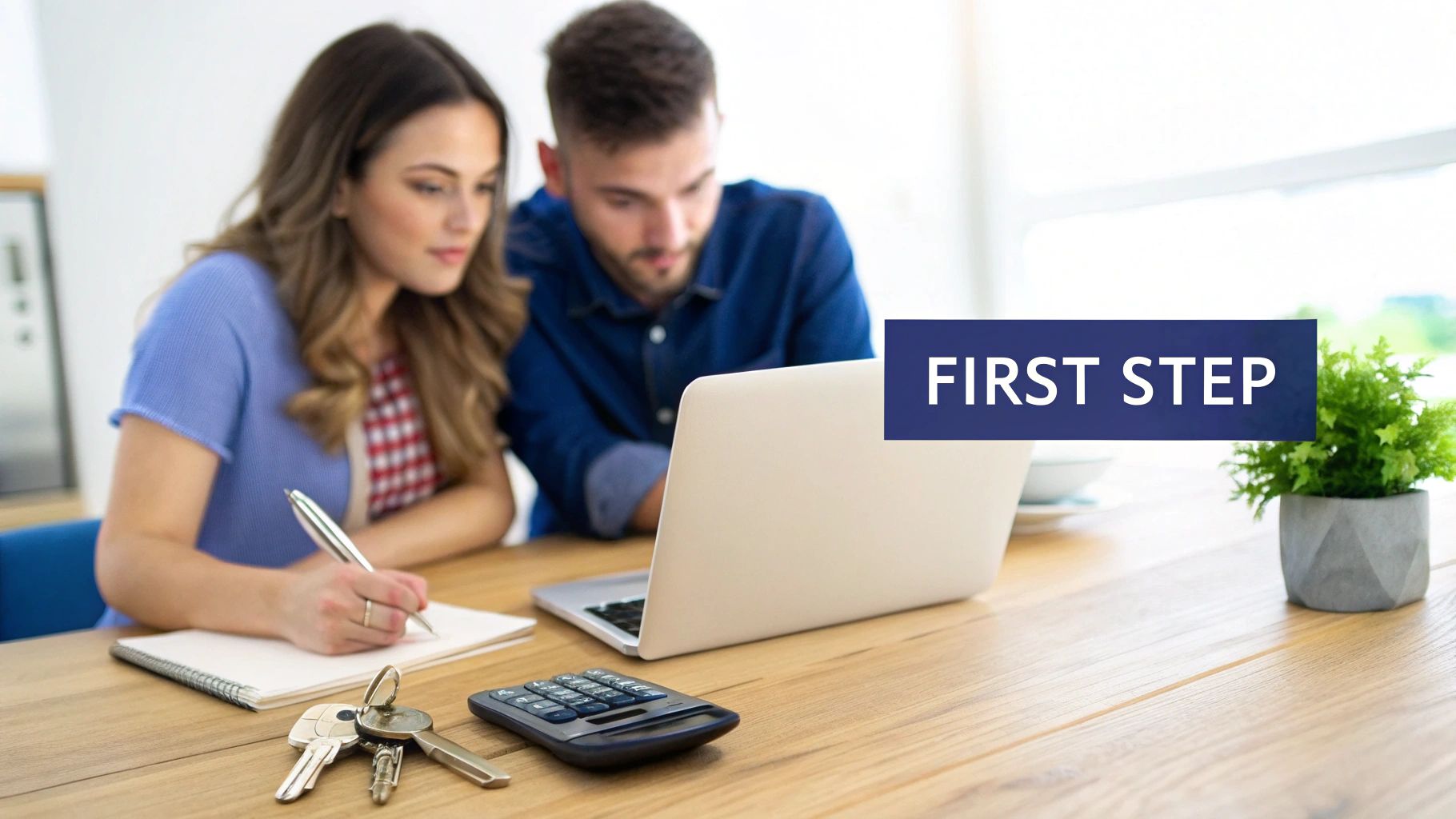 Couple planning finances, woman writing, man on laptop, with house keys and a calculator.