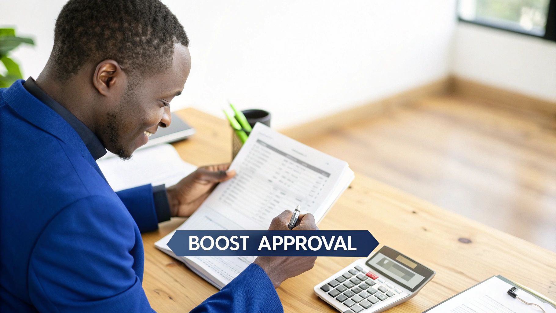 Smiling African American businessman in a blue suit reviews financial documents at a desk, ready to boost approval.