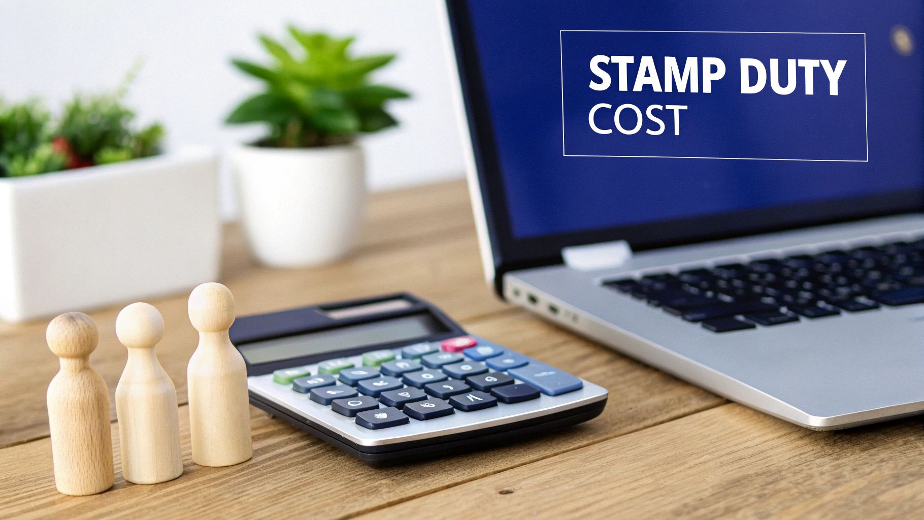 A laptop screen displaying 'STAMP DUTY COST' next to a calculator and wooden figures on a desk.