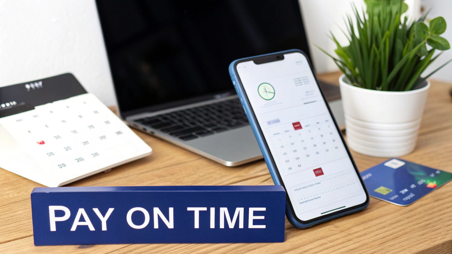 Desk with a 'PAY ON TIME' sign, calendar, smartphone, and credit card, symbolizing financial responsibility.