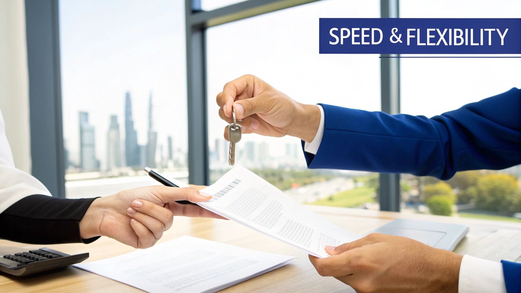 Two people exchanging keys and signing a document, showing efficient and flexible property acquisition.