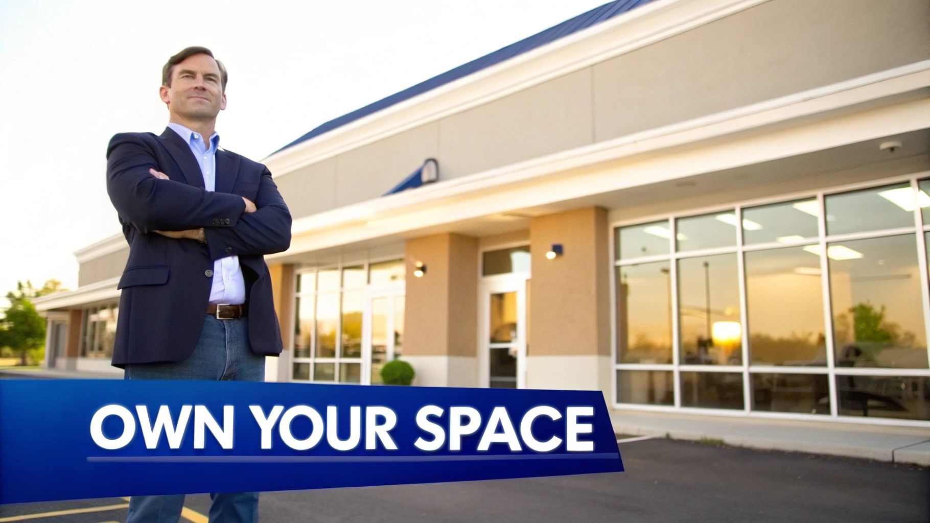 Confident man in a suit standing in front of a modern commercial building with 'OWN YOUR SPACE' text.