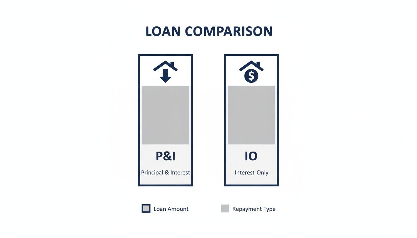 A visual comparison infographic illustrating Principal & Interest (P&I) and Interest-Only (IO) loan types.