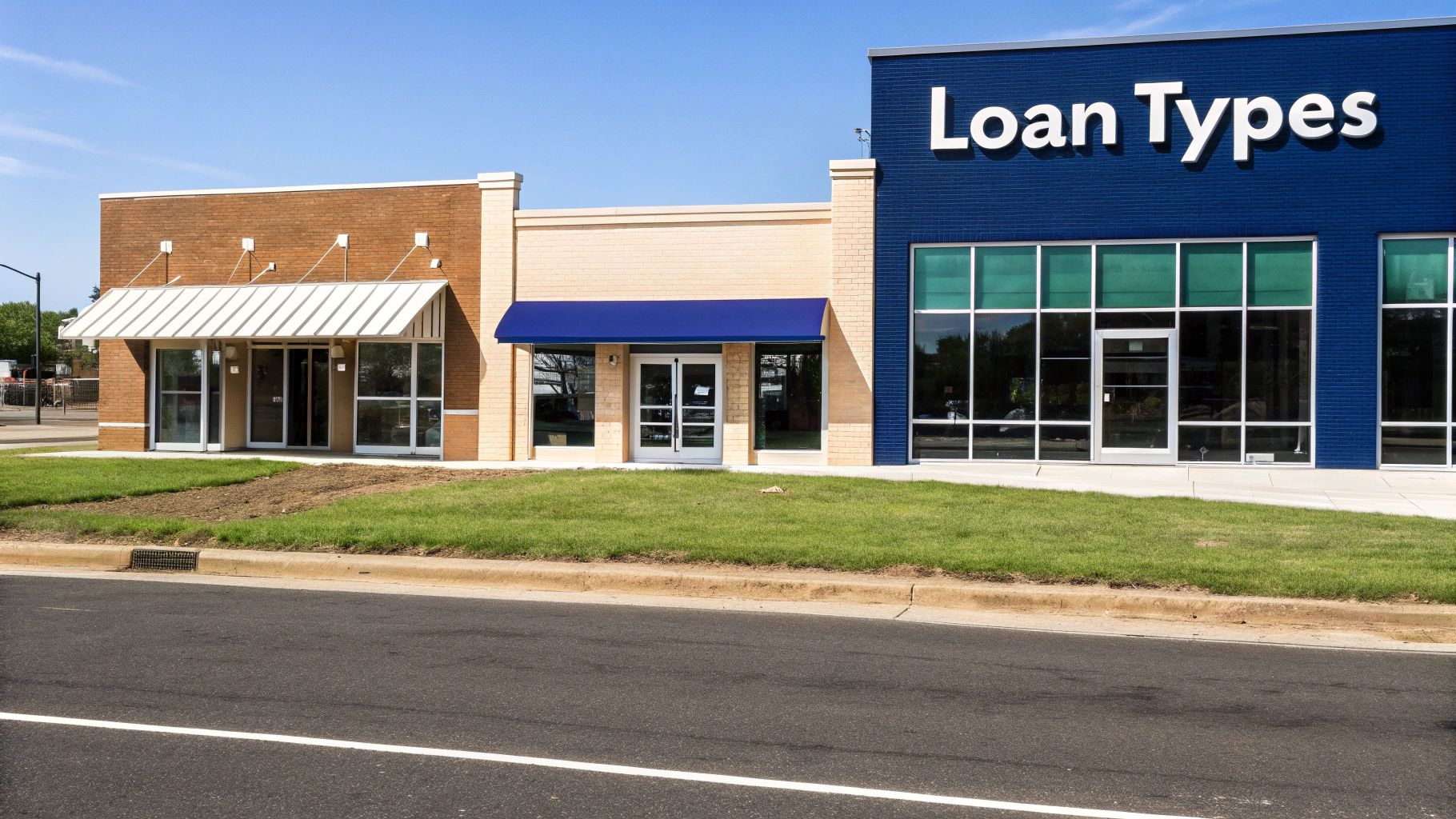 Three modern storefronts, one brick with a white awning, one with a blue awning, and a blue building labeled 'Loan Types'.