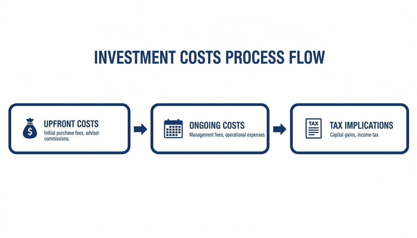 A process flow diagram illustrating investment costs: upfront, ongoing, and tax implications with examples.
