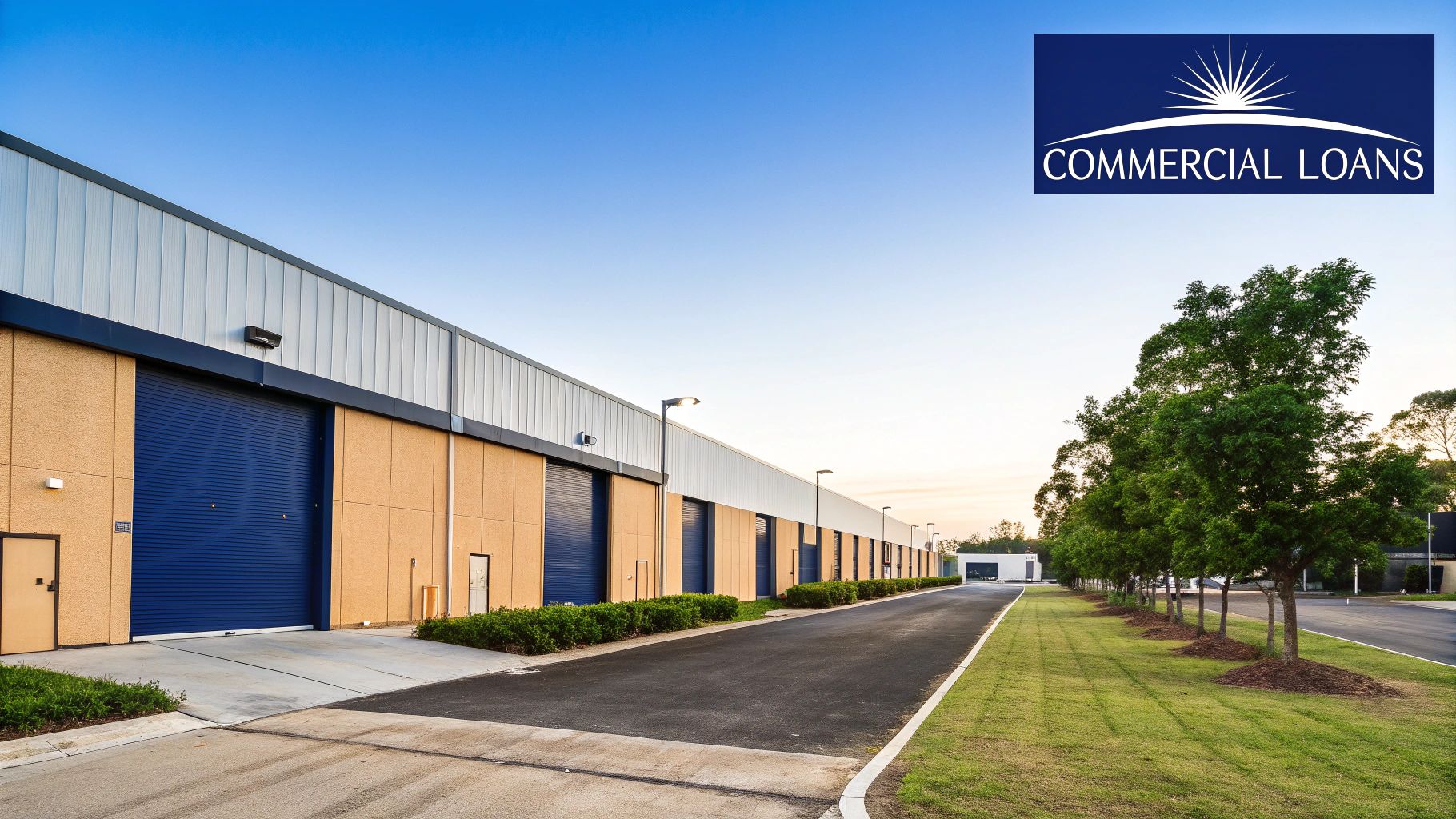 Long row of modern commercial industrial warehouses with blue roll-up doors, paved road, and green trees.
