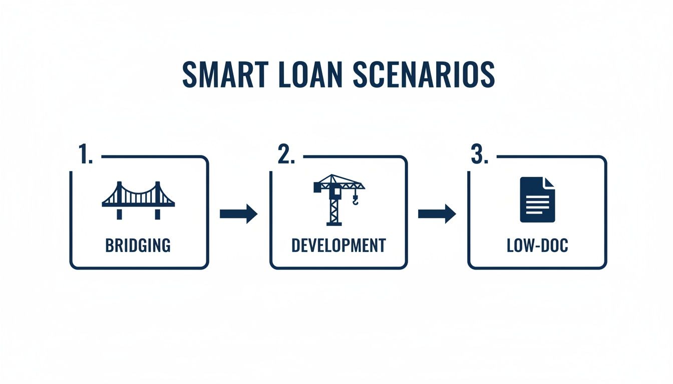 Infographic illustrating smart loan scenarios including bridging, development, and low-doc options with icons.