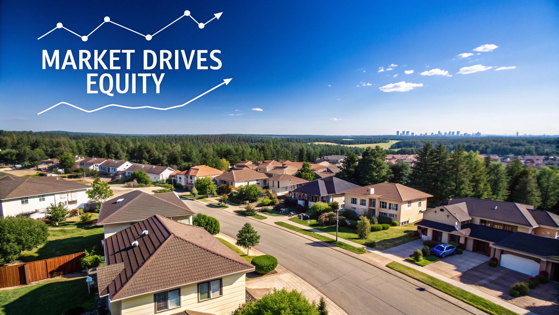 Aerial view of a residential area with an overlaid graph and text 'Market Drives Equity' against a blue sky.