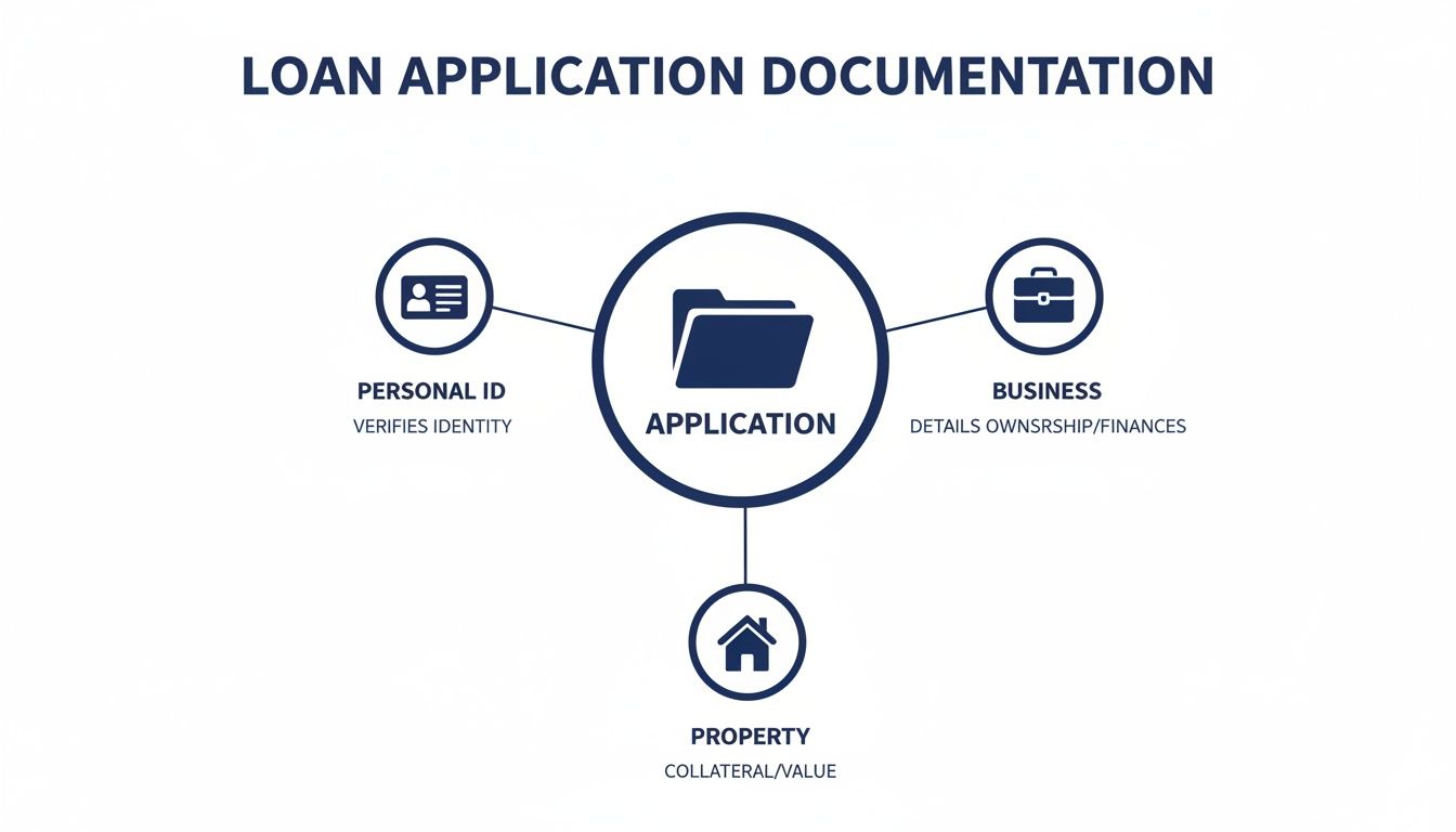 A diagram illustrating loan application documentation, showing personal ID, business details, and property information linked to the application.