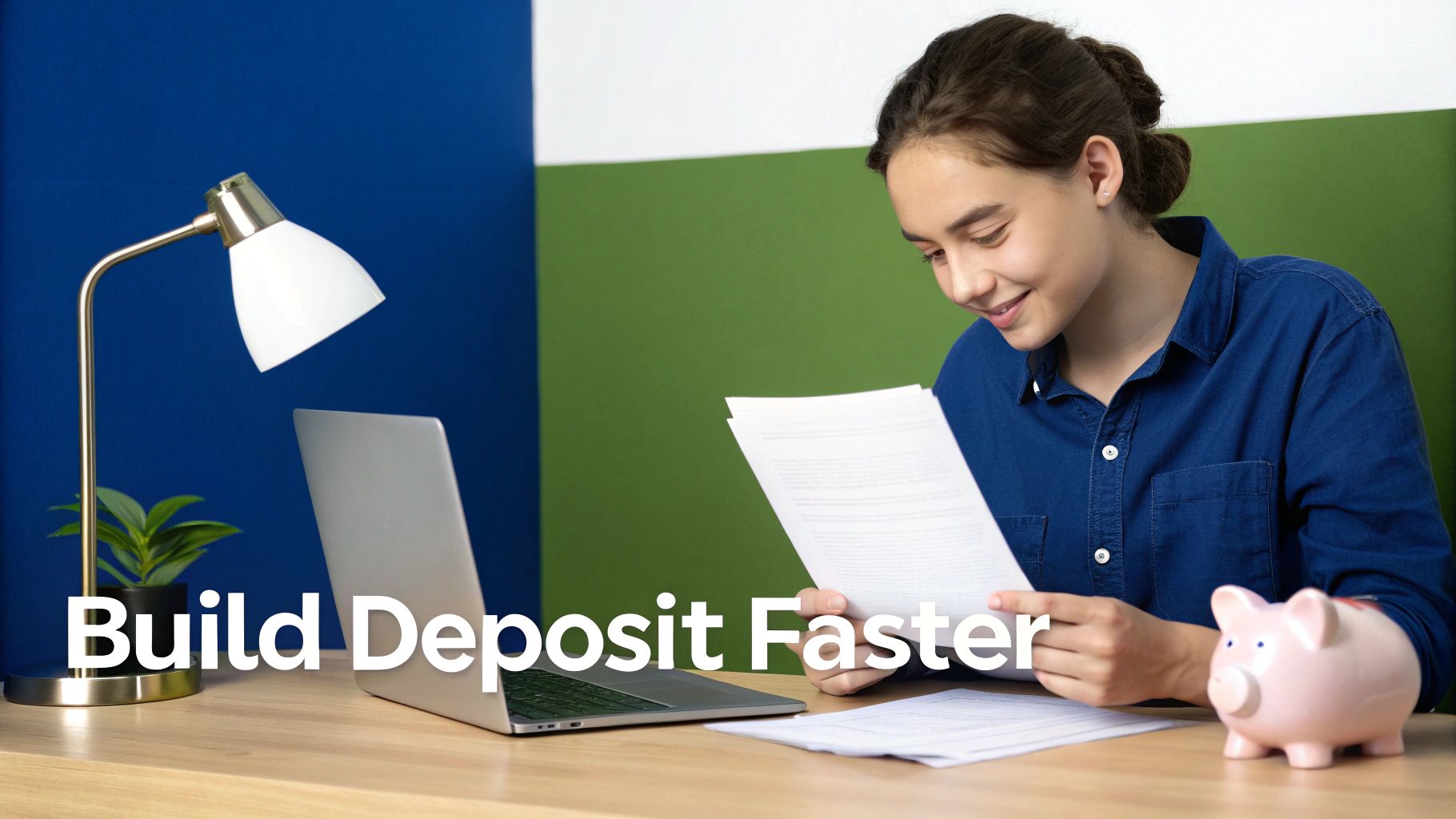 A young person reviews documents at a desk with a laptop and a pink piggy bank, emphasizing saving.