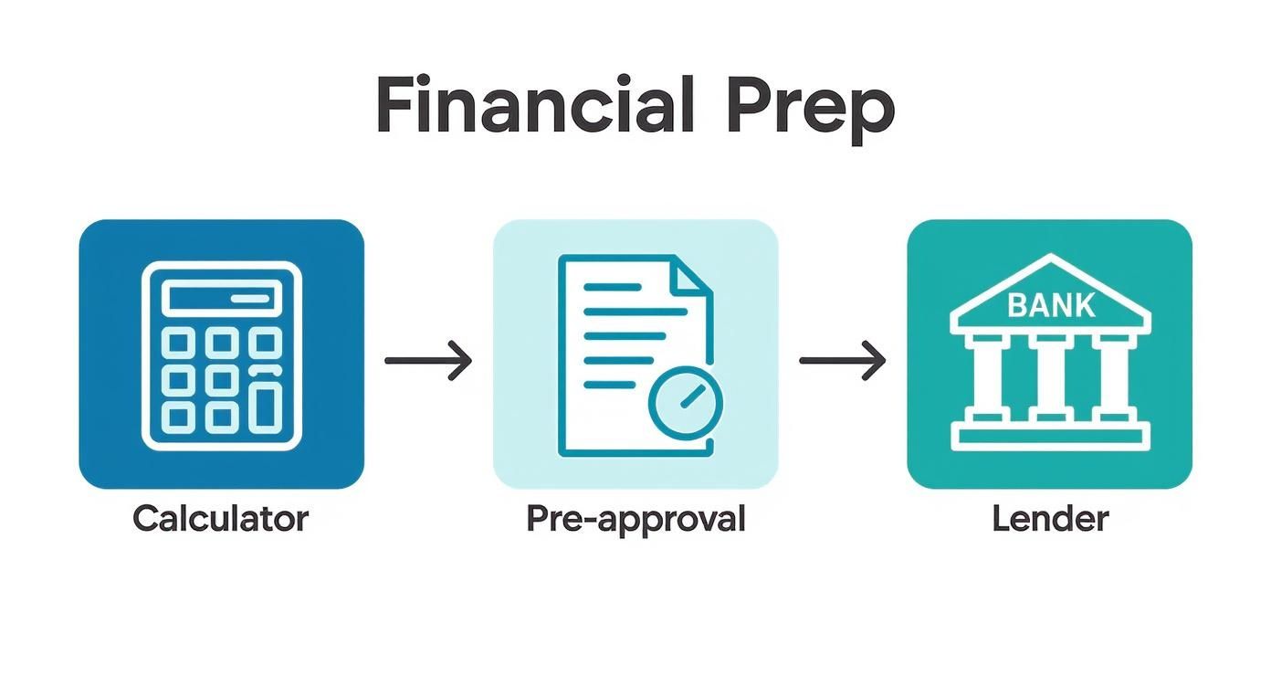 Flowchart showing steps for financial preparation: calculator, pre-approval, and lender process.