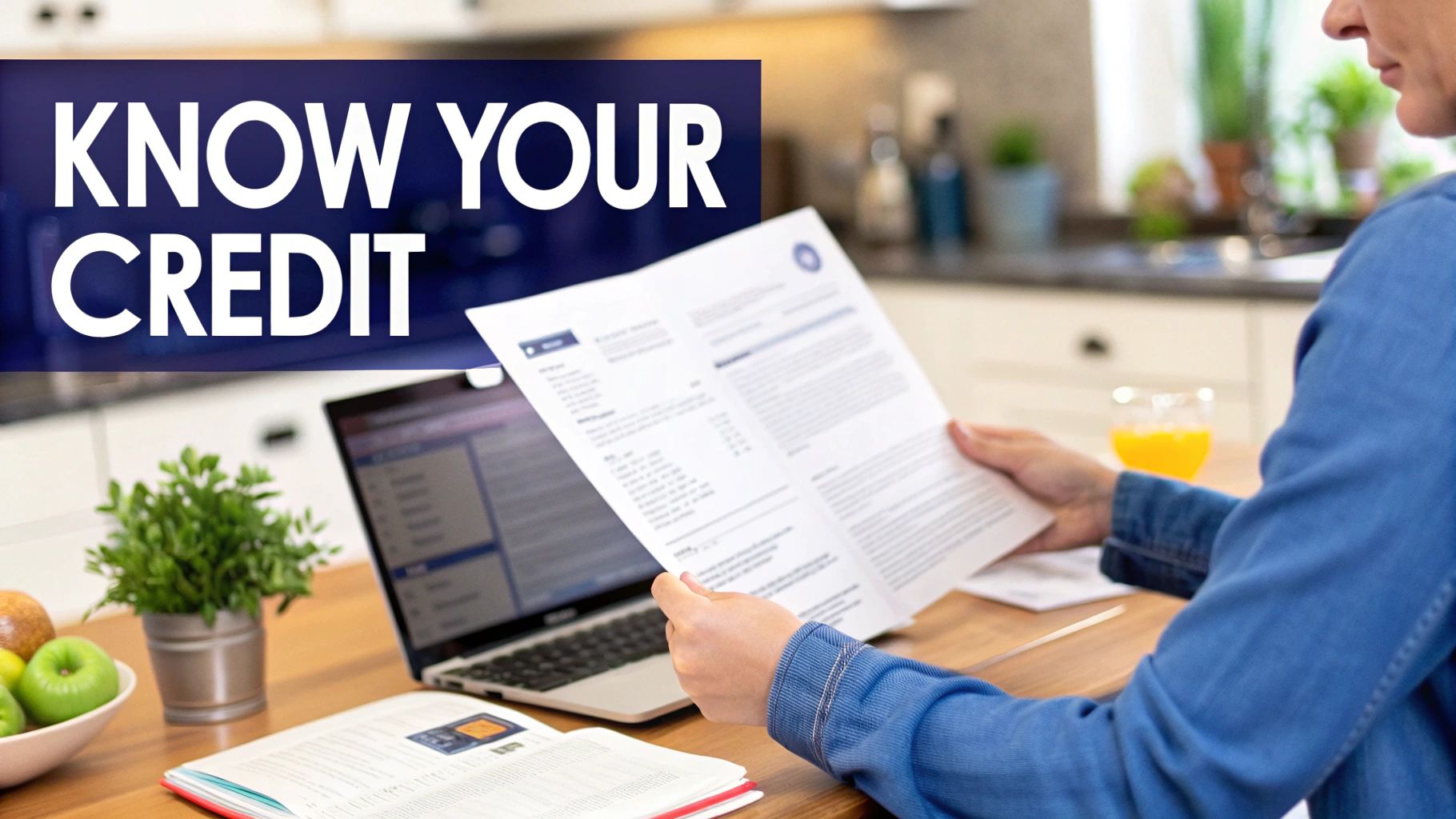 A person reviewing financial documents and a laptop at a kitchen table with 'KNOW YOUR CREDIT' text.