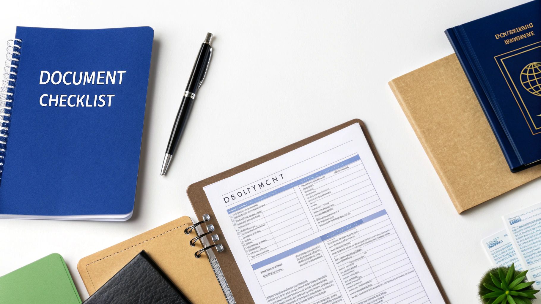 Flat lay of a blue 'Document Checklist' notebook, pen, clipboard, and various documents on a white background.