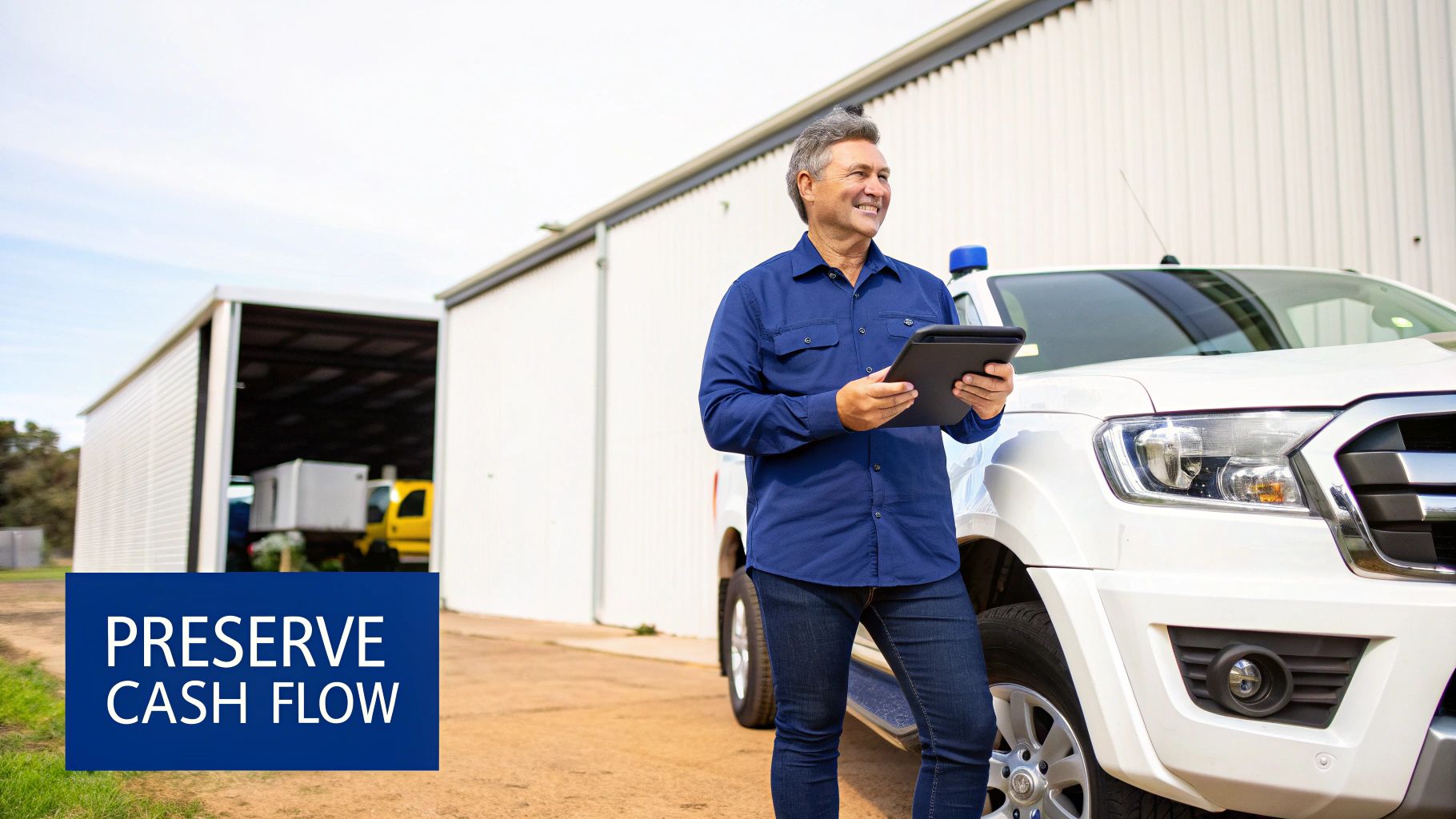 Smiling man with a tablet next to a white pickup truck and sheds, preserving cash flow.