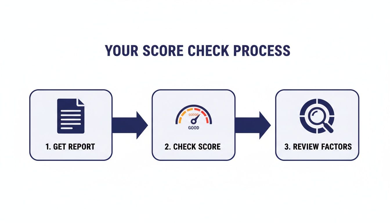 Infographic showing a three-step score check process: Get Report, Check Score, Review Factors.