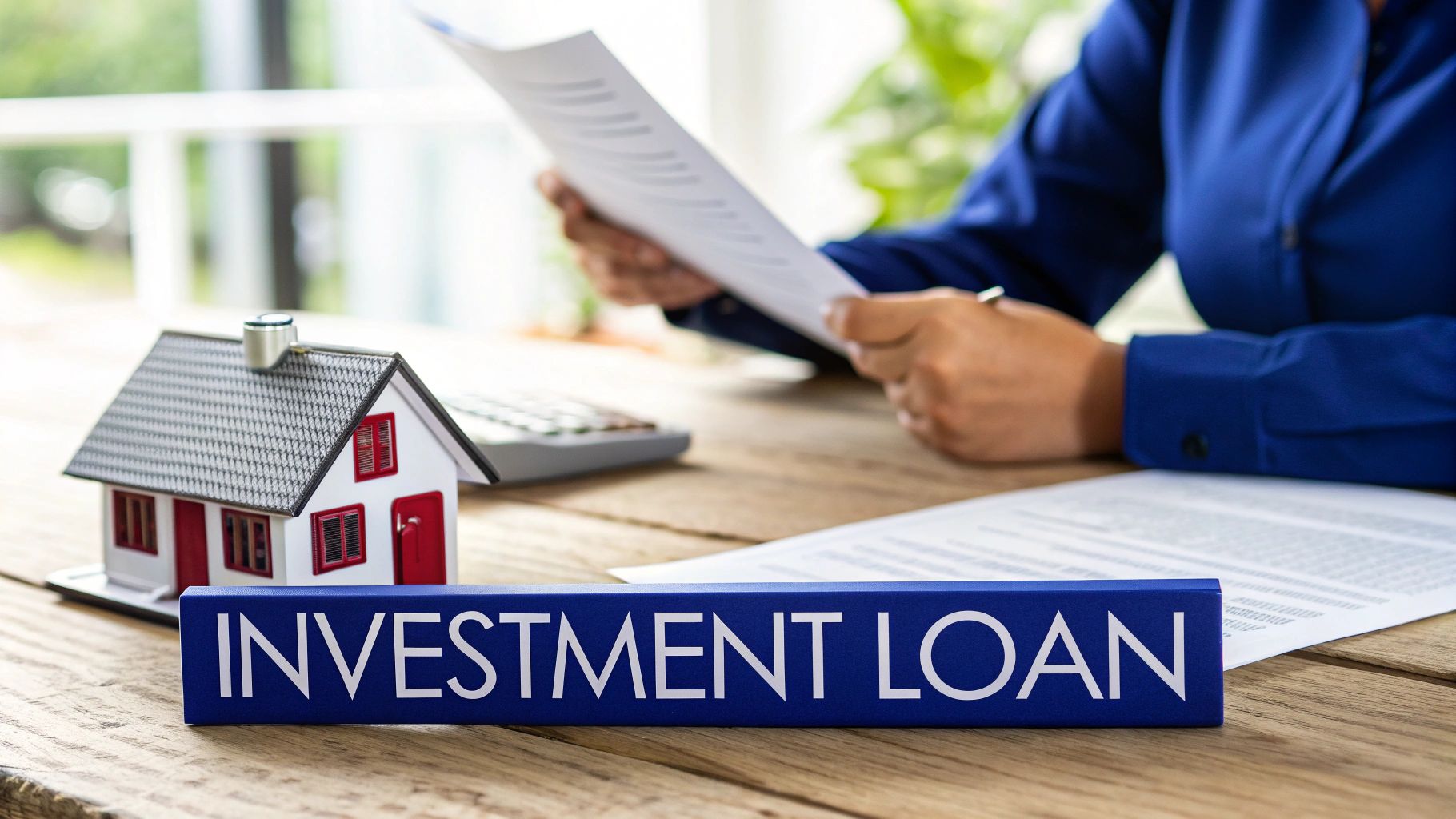 A miniature house model and an 'INVESTMENT LOAN' sign on a desk with a person reviewing documents.