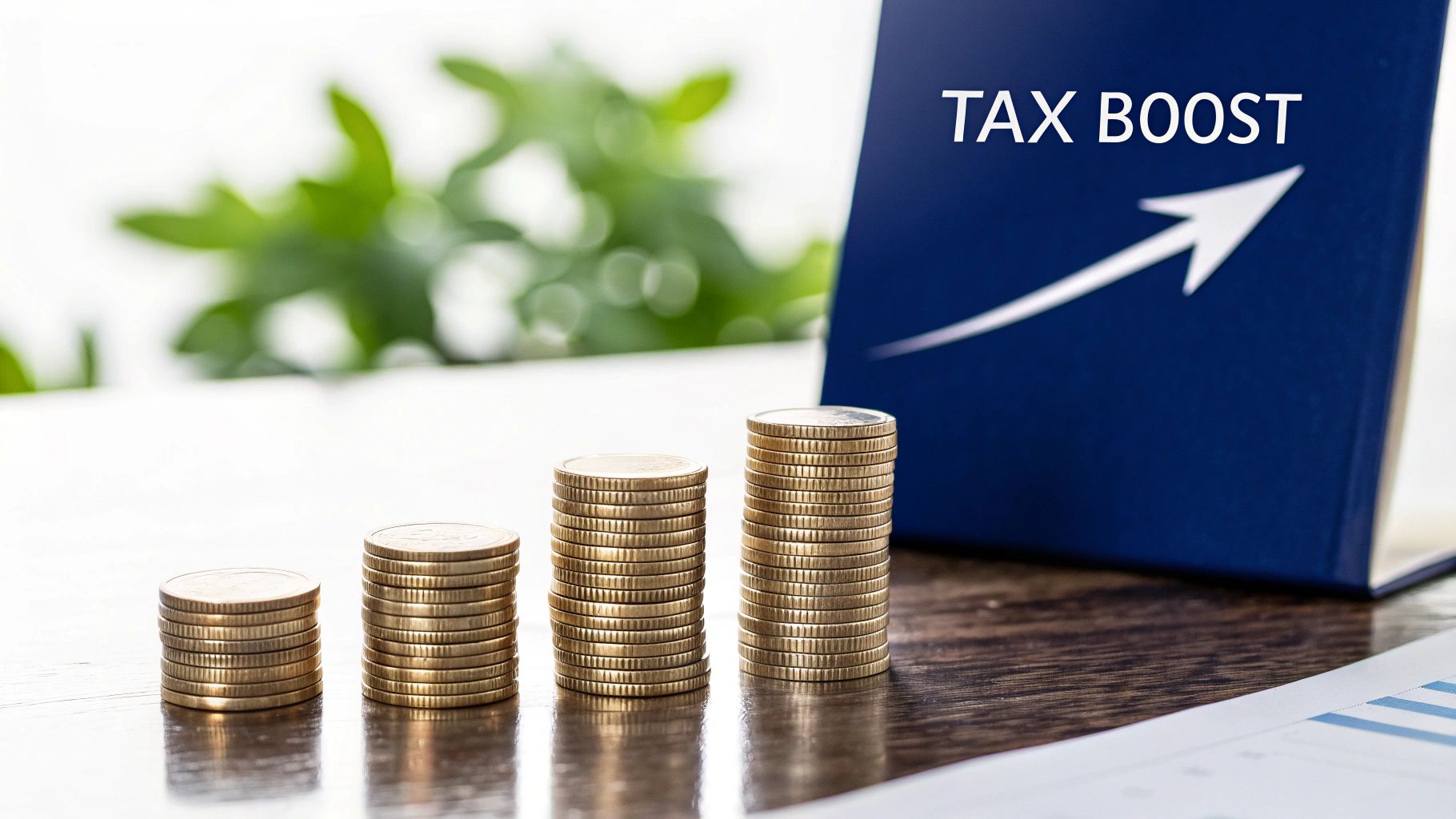 Stacks of golden coins grow next to a blue sign with 'TAX BOOST' and an upward arrow, signifying financial increase.