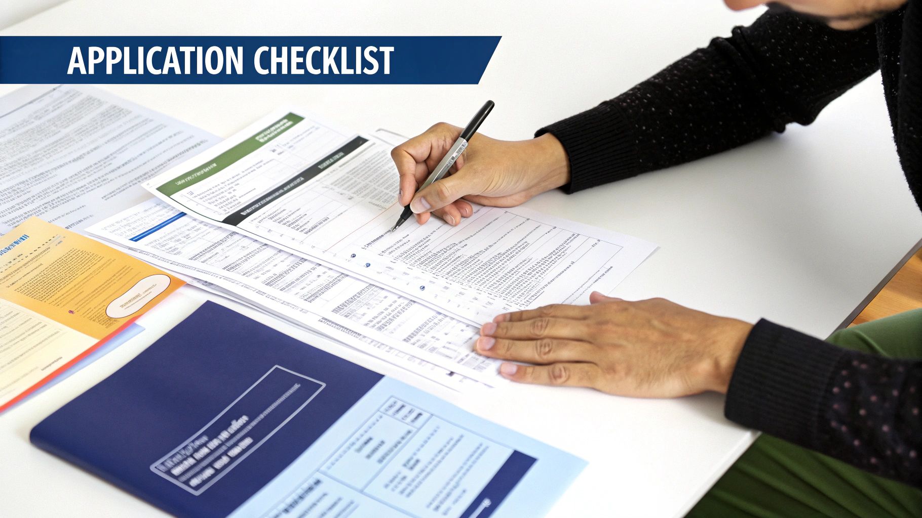 A person diligently filling out an application checklist with a pen on a white desk.
