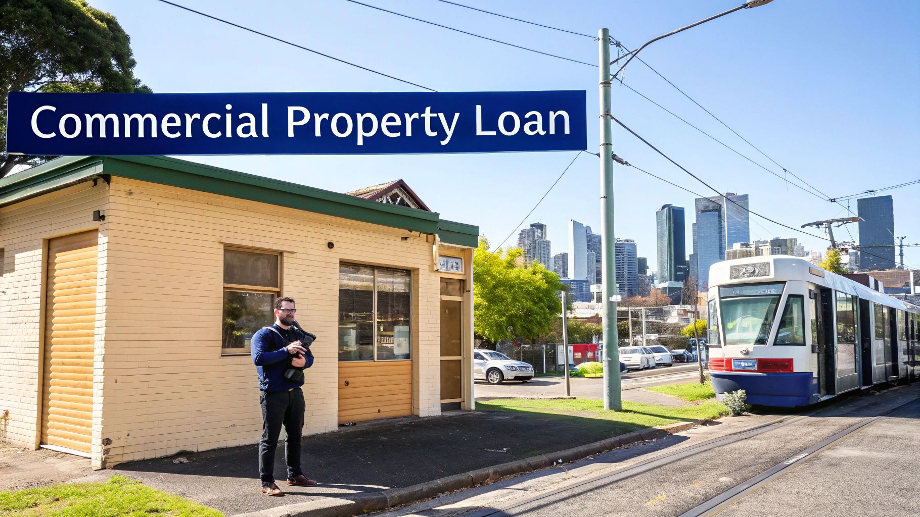 A man stands outside a small commercial building with a 'Commercial Property Loan' sign, a tram, and a city skyline in the background.