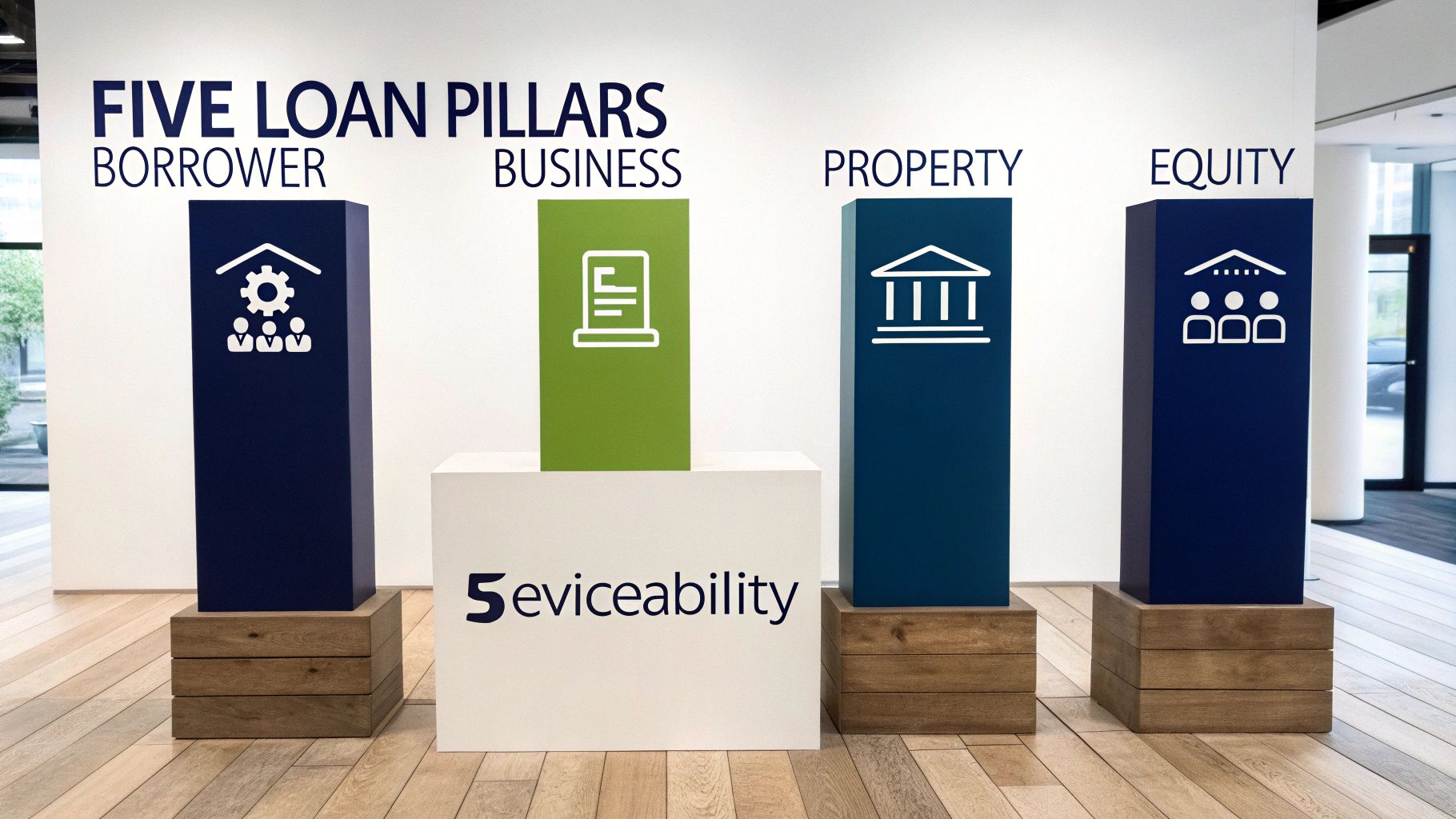 An illustrative display of 'Five Loan Pillars,' featuring Borrower, Business, Property, and Equity, with icons and a 'Serviceability' logo.