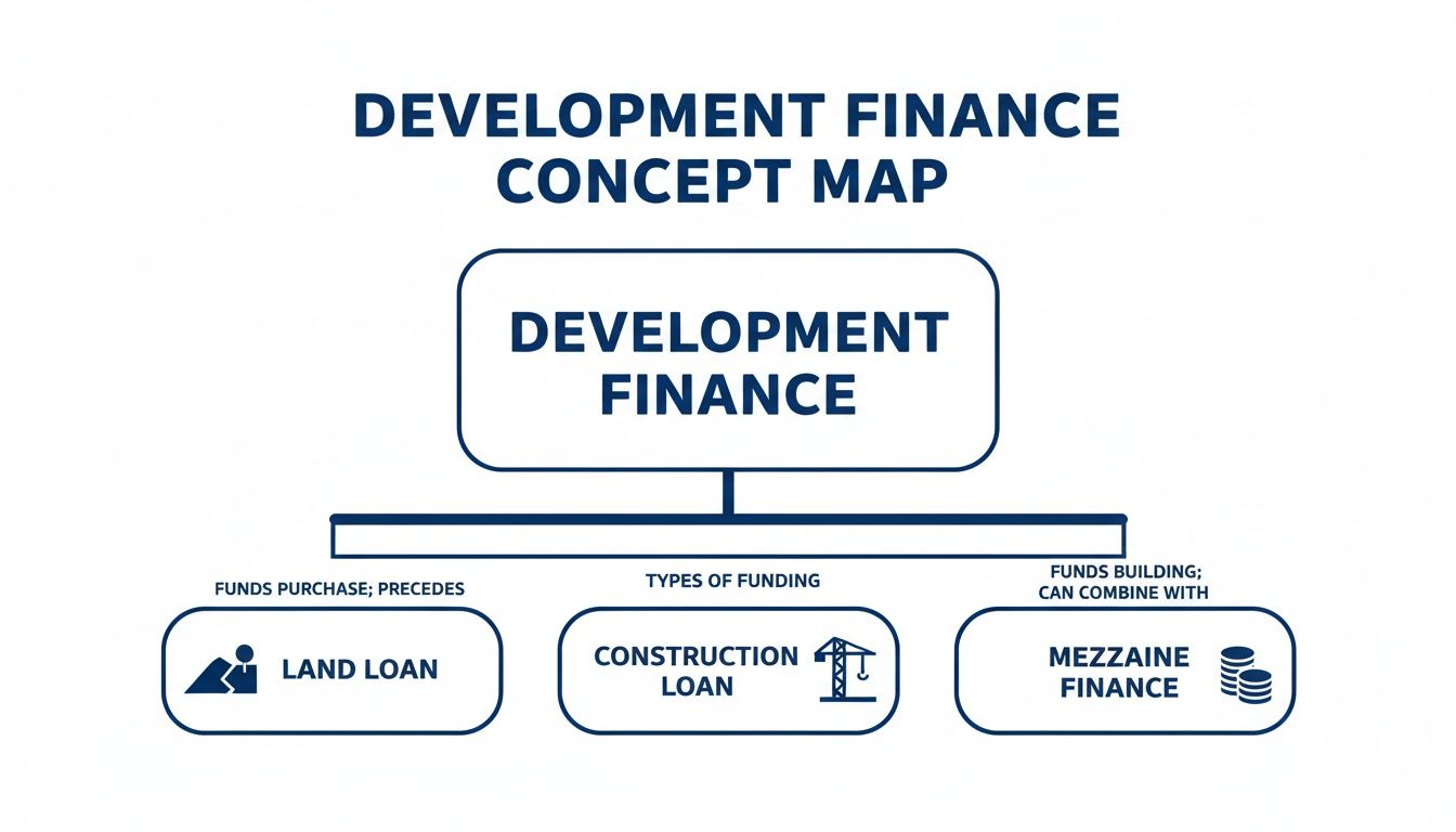 A concept map illustrating development finance, detailing land, construction, and mezzanine loans with their functions.