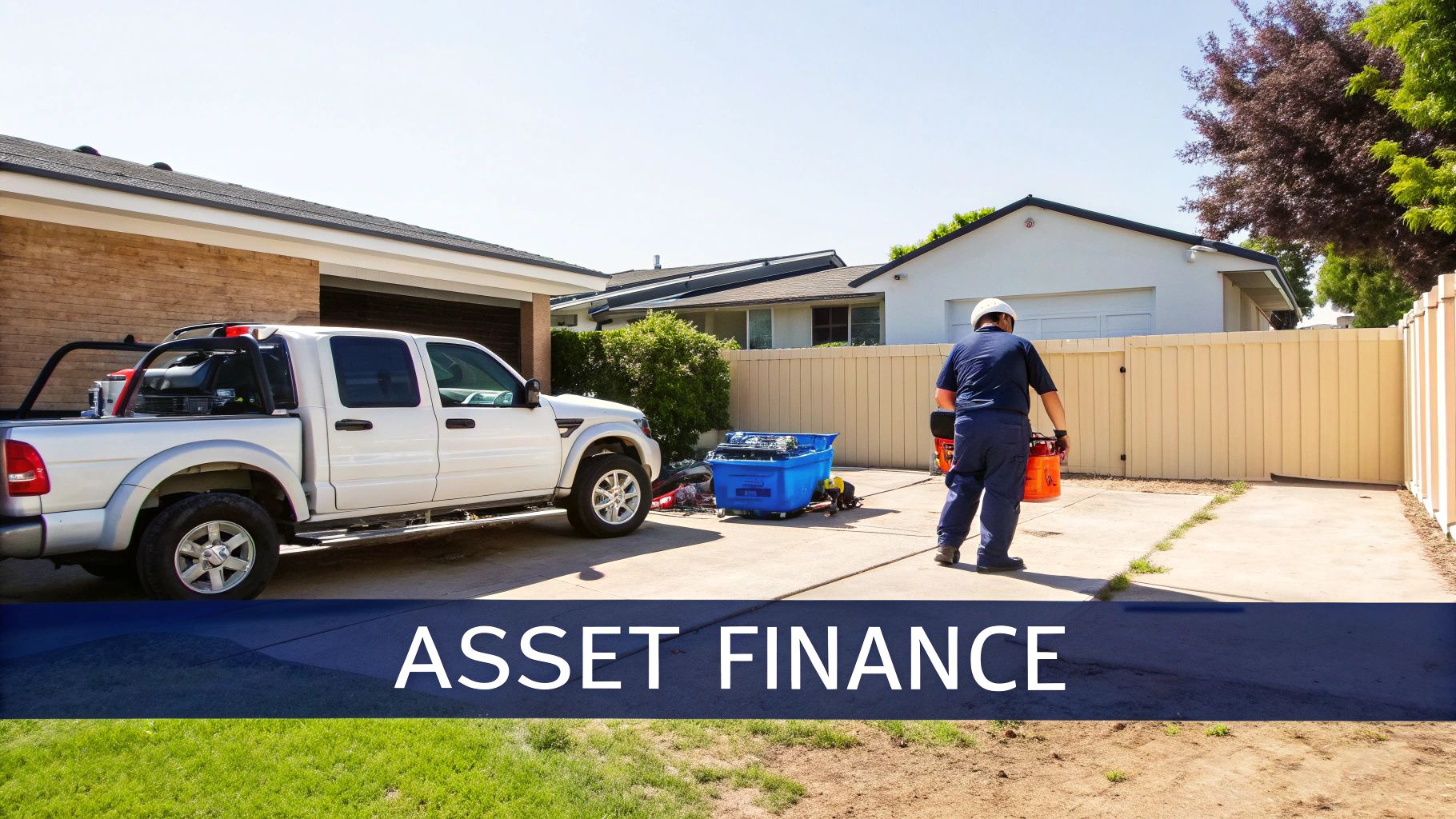 A worker walks past a white pickup truck and blue equipment, highlighting asset finance for businesses.