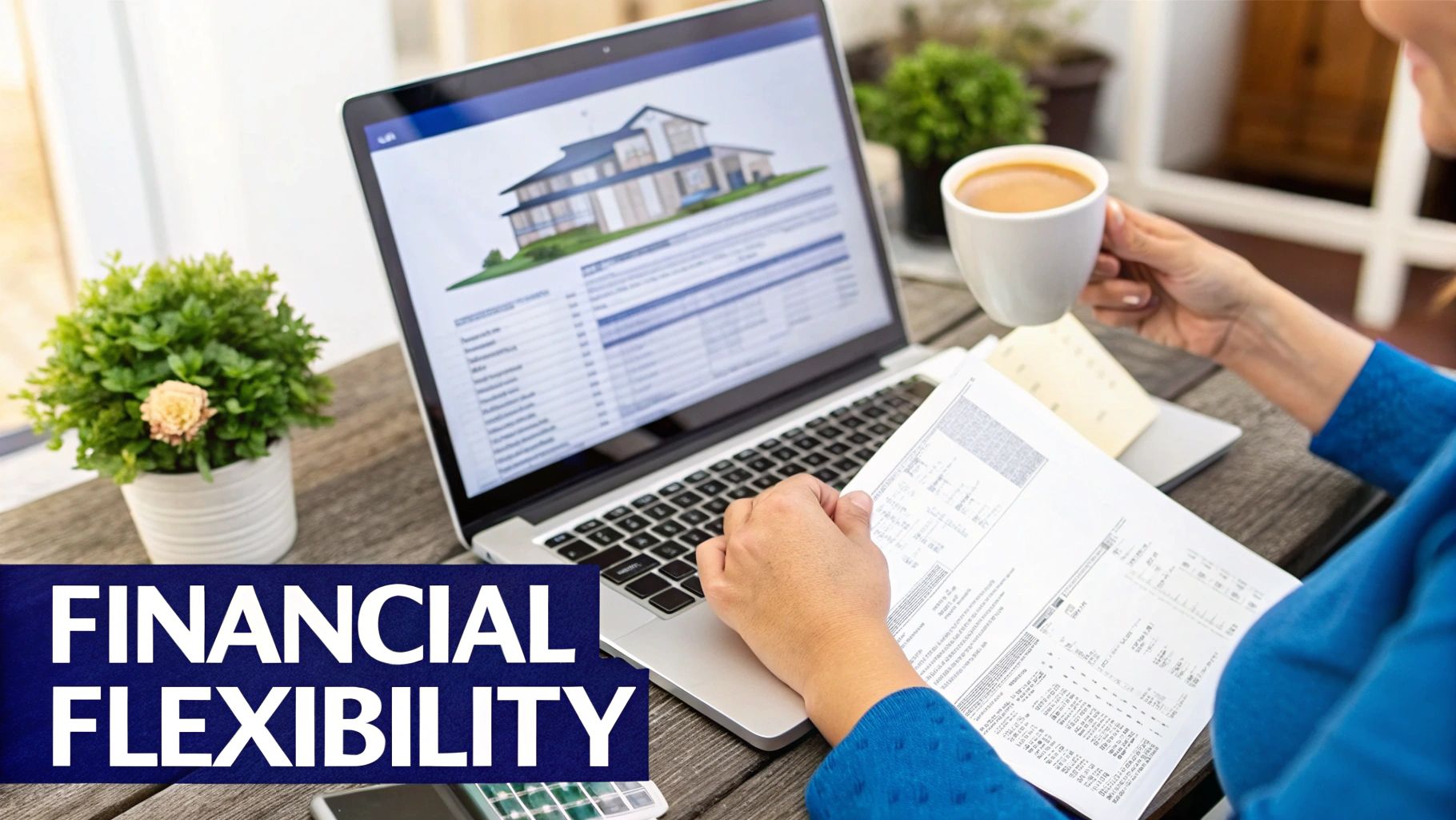 A person reviews documents and a laptop displaying a house, focusing on financial planning for home ownership.