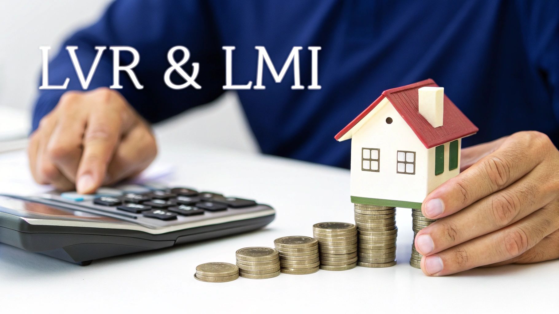 Person calculating LVR and LMI for a home loan, with a miniature house on coin stacks.