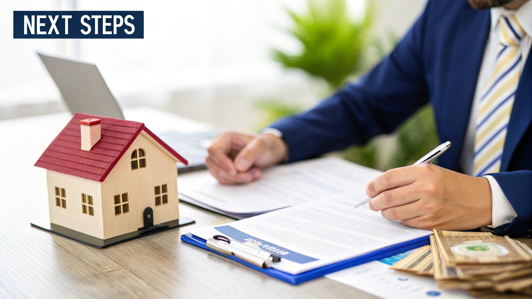 A person in a suit signs real estate documents next to a model house and laptop.