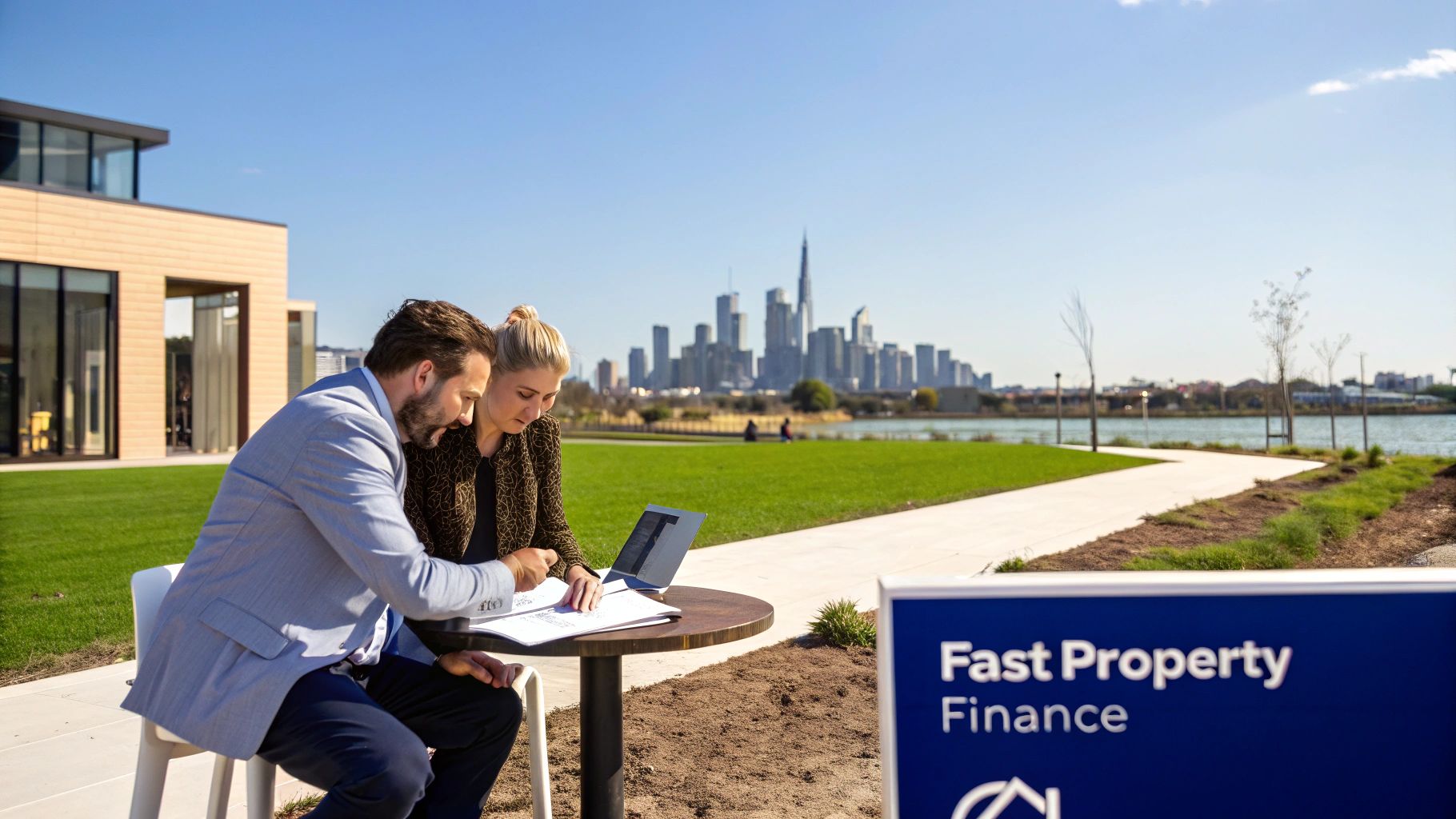 Two business people review documents and a laptop outdoors, with a modern city skyline and waterfront view.