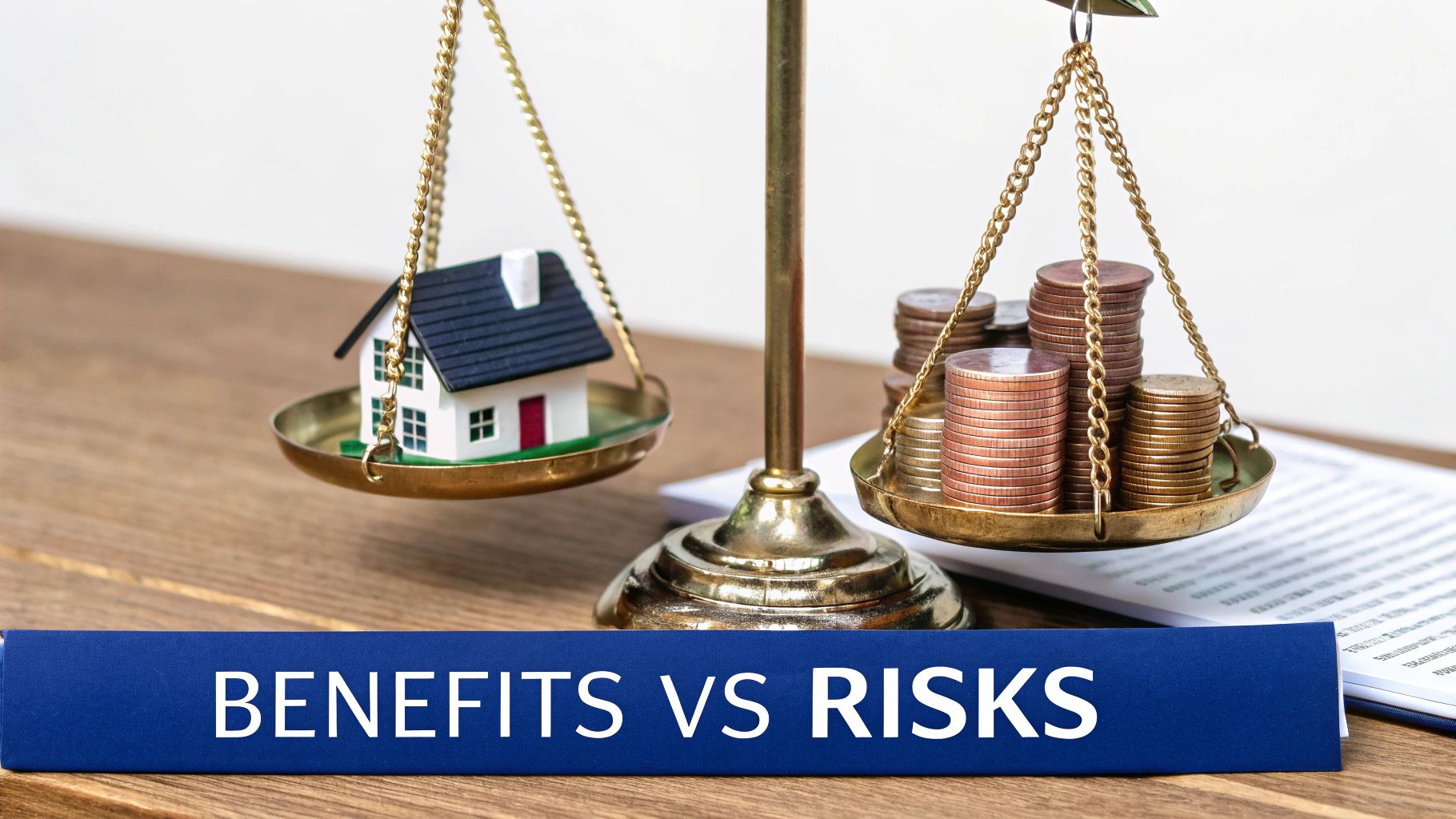 A balance scale weighing a miniature house against stacks of coins, with a banner stating 'BENEFITS VS RISKS'.