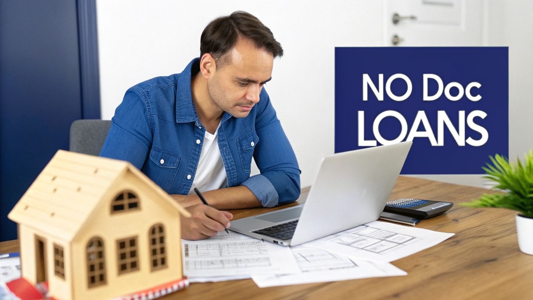 Man at desk with laptop and house model, writing, with 'NO Doc LOANS' sign in background.