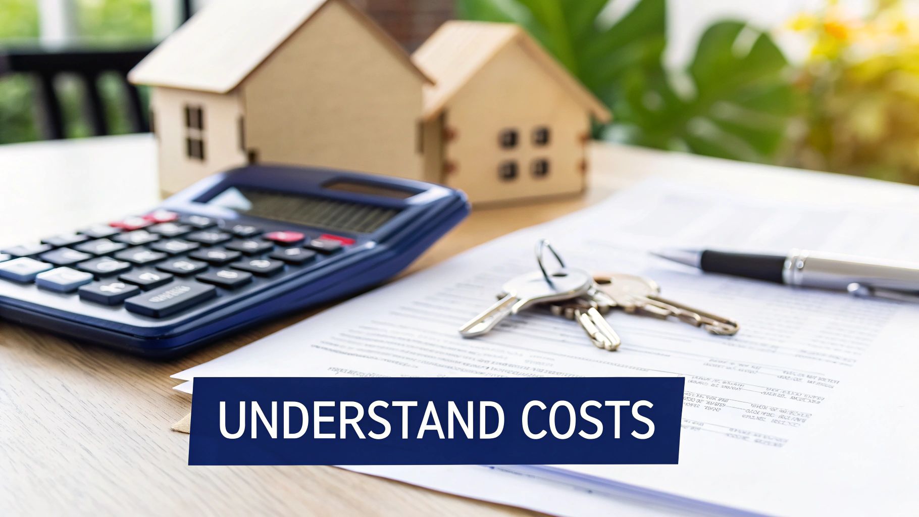 Desk with calculator, model houses, keys, and documents, with text 'UNDERSTAND COSTS' for home buying.