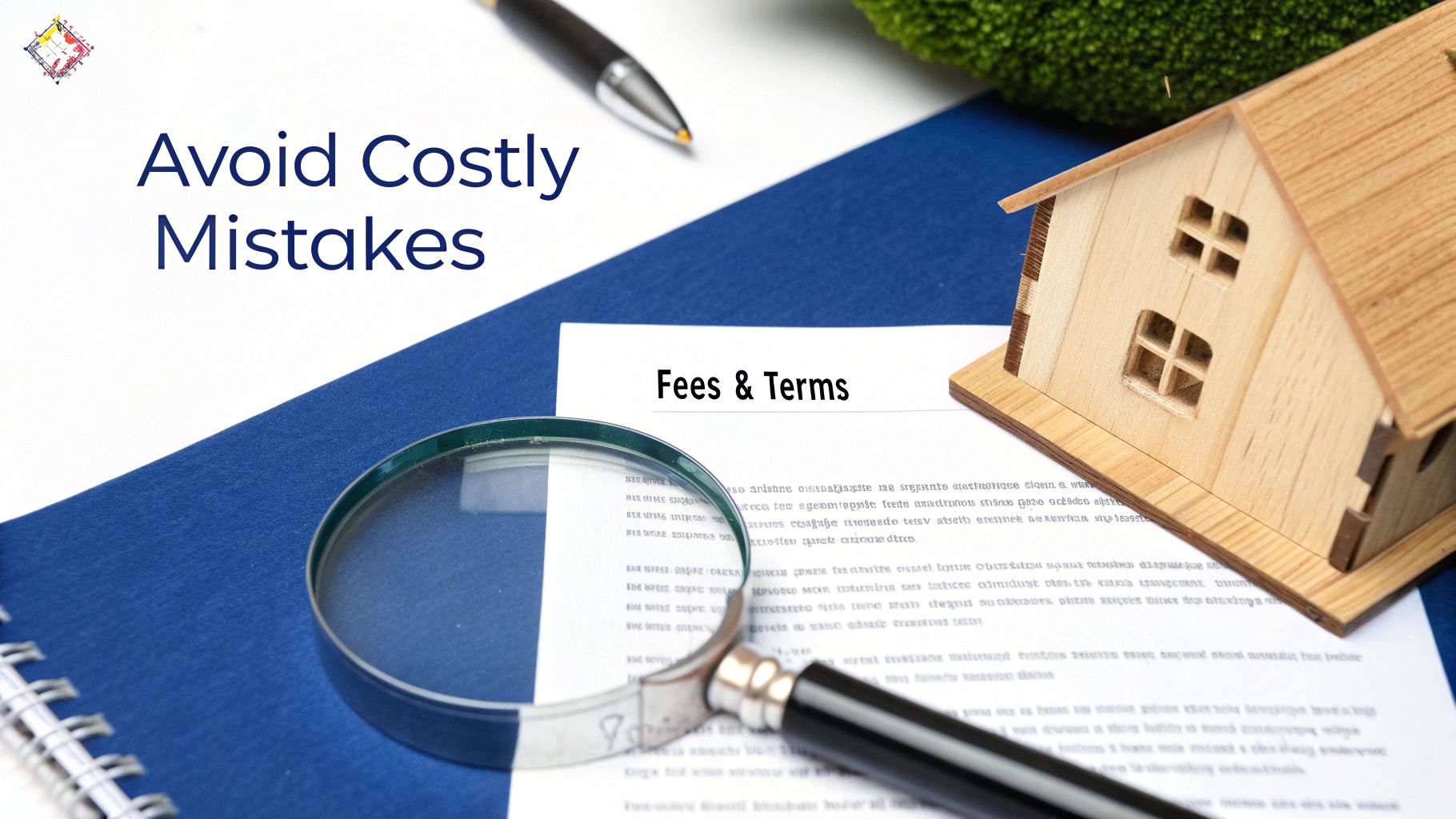 Magnifying glass on a 'Fees & Terms' document with a house model, emphasizing avoiding costly mistakes.