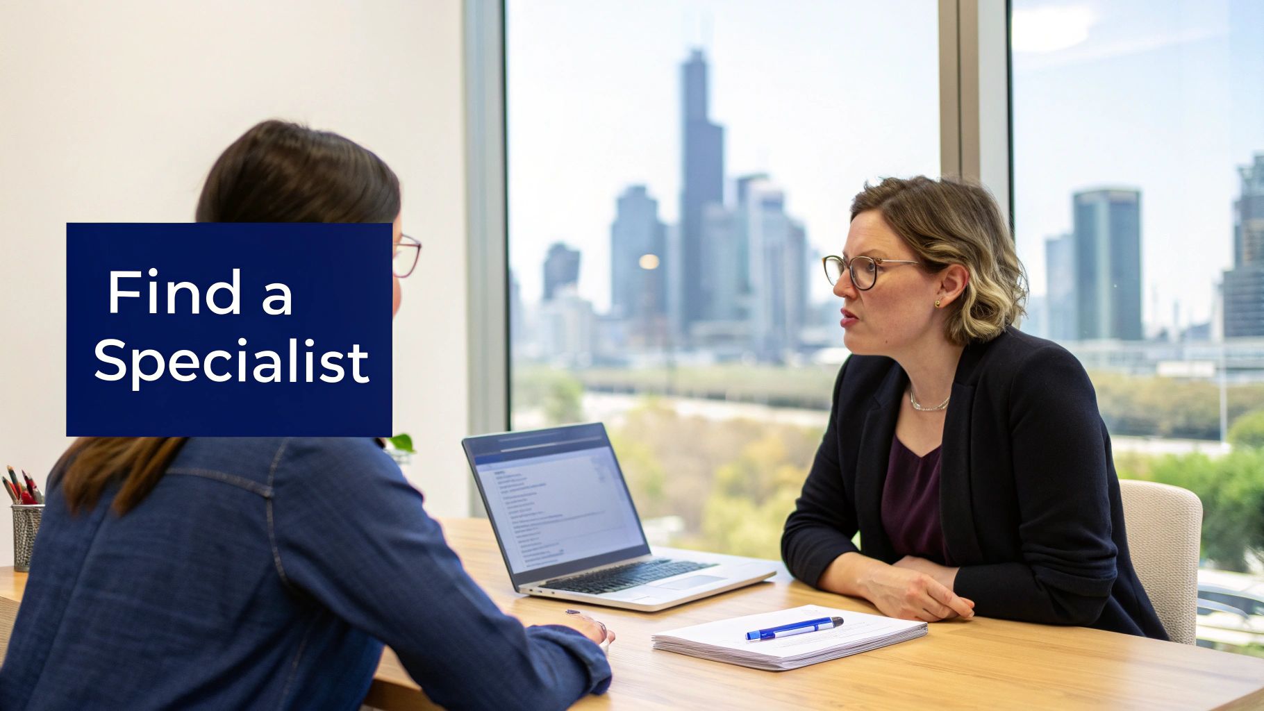 Professional consultation in an office overlooking a city skyline, with 'Find a Specialist' text overlay.