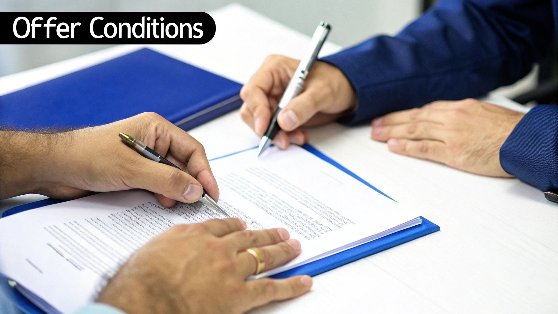 Two people in a professional setting reviewing and signing a document, illustrating offer conditions.
