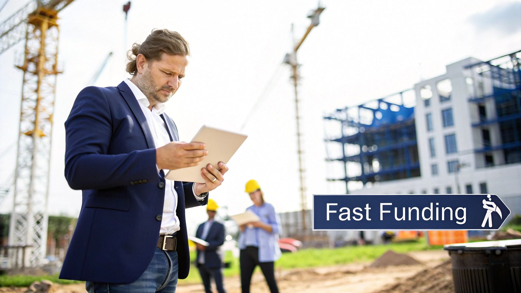 A businessman reviews a tablet on a construction site with cranes and a 'Fast Funding' sign.