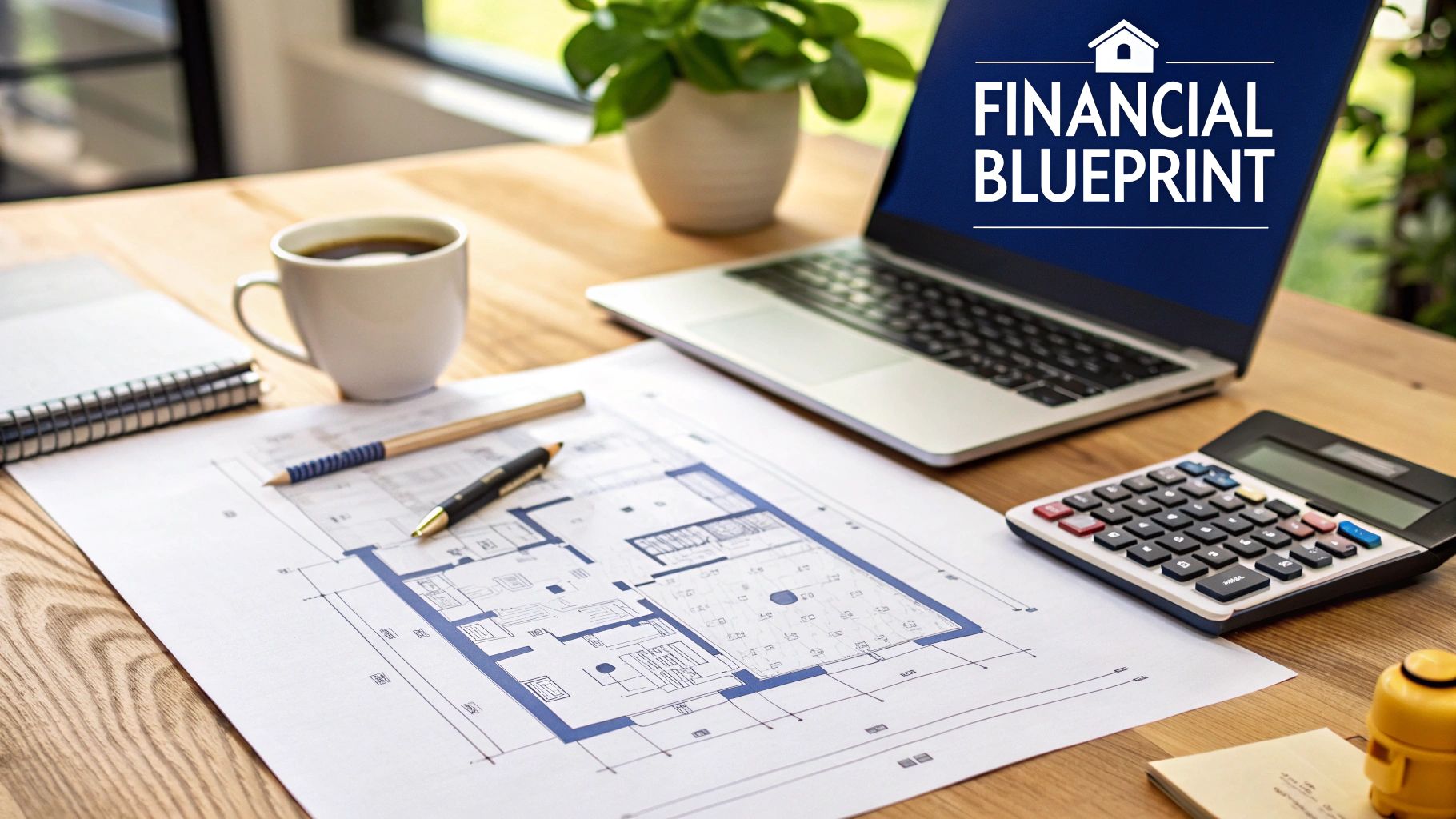 A desk with a laptop displaying 'Financial Blueprint', house plans, calculator, and coffee.