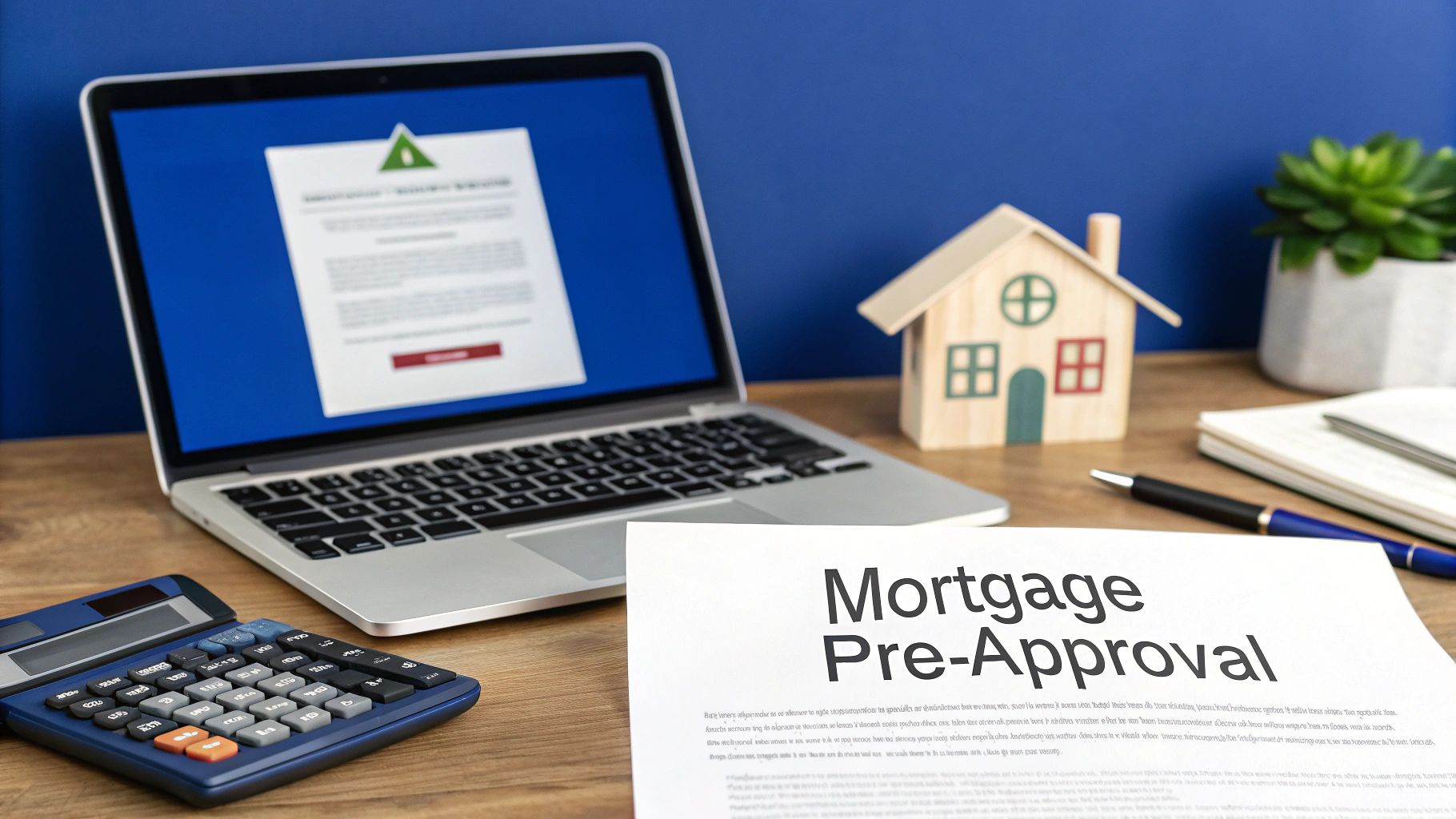 A desk with a laptop displaying a form, calculator, house model, and mortgage pre-approval document.